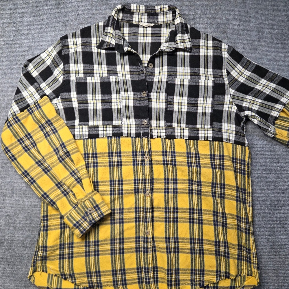 La Miel Plaid Colorblock Button Down Shirt Yellow Black SRT1335 Small Distressed